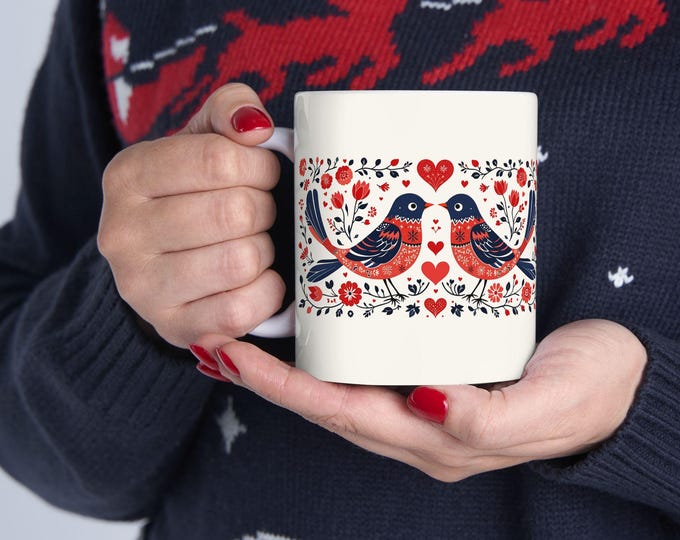Featured listing image: Nordic Folk Art Mug Hygge Gifts Scandinavian Christmas Mug Folk Art Lovebirds Norwegian Folk Art