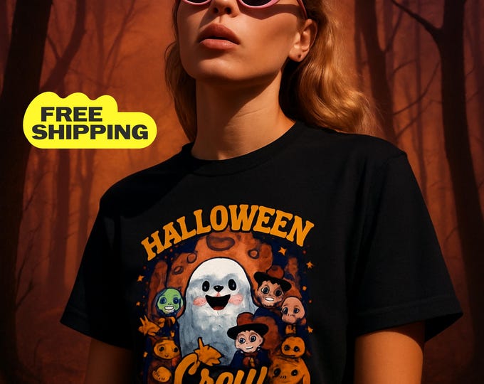 Featured listing image: Halloween Crew Unisex Softstyle T-Shirt, Fun Halloween Apparel, Spooky Season Tee, Trick or Treat Shirt Halloween T shirt womens