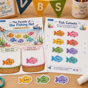 Parable of the Fishing Net Bible Craft | Christian Sorting Activity | Matthew 13 Sunday School Printable | Good Choices Kids Worksheet