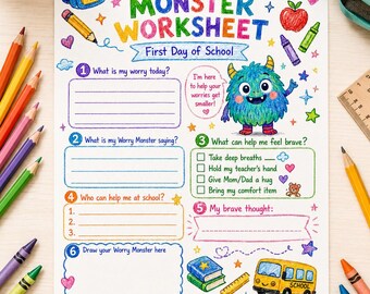 Hoja de trabajo para niños sobre la ansiedad del primer día de clases, Hoja de trabajo del Monstruo de la Preocupación (Descarga digital)