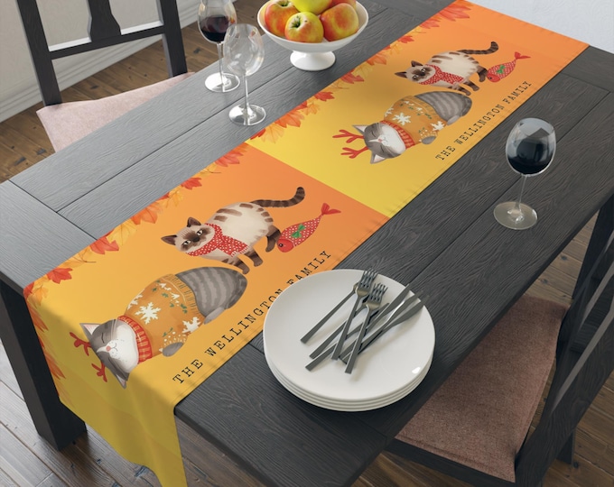 Featured listing image: Holiday Cat Table Runner - Festive Cats in Santa Hats Orange Dining Decor, Christmas Table Runner 16x72" Gift for Cat Lovers