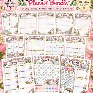 Puede incluir: Un paquete de 12 páginas imprimibles Bunny Blossom Planner Bundle de 21,6 x 27,9 cm. Las páginas incluyen planificadores diarios, semanales y mensuales, rastreadores de hábitos y ahorros, decorados con conejitos blancos y tulipanes rosas.
