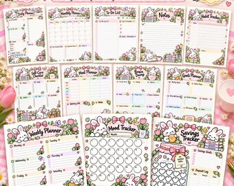 Niedlicher Hasenplaner zum Ausdrucken, 12-seitiger Kawaii-Pastellplaner, Tages-, Wochen- und Monatsplaner, Stimmungs-, Gewohnheits- und Spar-Tracker, Selbstfürsorge