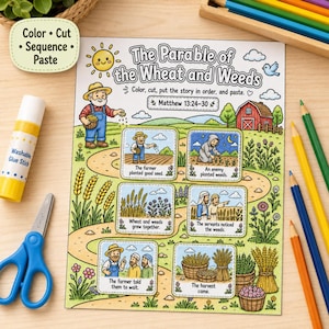 以下が含まれることがあります： 「The Parable of the Wheat and Weeds」と題された、色塗り、切り抜き、貼り付け用のアクティビティシート。農夫、赤い納屋、マタイによる福音書13章24-30節に基づく6つのイラストシーン、太陽、雲、小麦、花が描かれています。