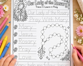Übungsblatt „Unsere Liebe Frau vom Rosenkranz“ | Schreibübung für katholische Kinder | Druckvorlage „Bete mit Maria“ | Aktivitäten zum Rosenkranzmonat