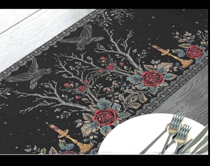 Featured listing image: Goth Valentine Midnight Roses and Birds Dark Table Runner - Dark Cottagecore Dining Linen Gothic Witch Dining Home Decor