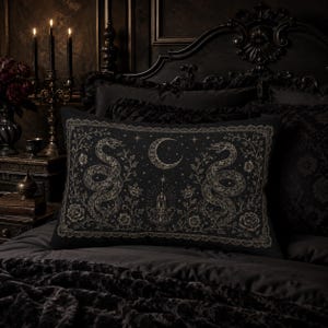 Serpent Moon Gothic Pillow, Witchy Snake Lumbar Cushion, Dark Academia Crystal Pillow, Celestial Victorian Decor, Gothic 20x14 black rectangle Pillow
