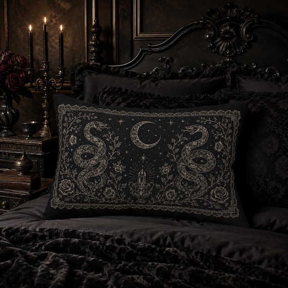 Serpent Moon Gothic Pillow, Witchy Snake Lumbar Cushion, Dark Academia Crystal Pillow, Celestial Victorian Decor, Gothic 20x14 Pillow