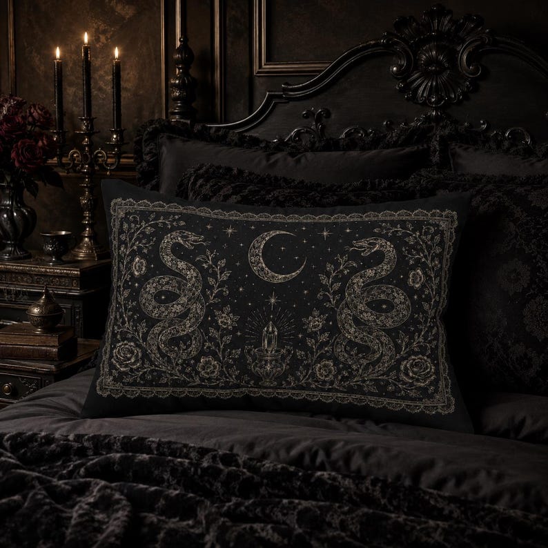 Serpent Moon Gothic Pillow, Witchy Snake Lumbar Cushion, Dark Academia Crystal Pillow, Celestial Victorian Decor, Gothic 20x14 black rectangle Pillow