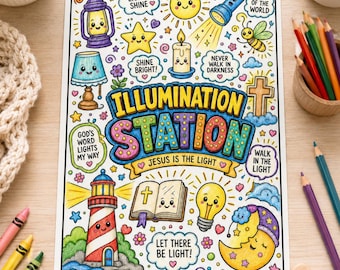 Página para colorear de la Escuela Bíblica de Vacaciones / Páginas para colorear de estudio bíblico / Páginas para colorear "Que haya luz" / Material imprimible para la Escuela Dominical Cristiana
