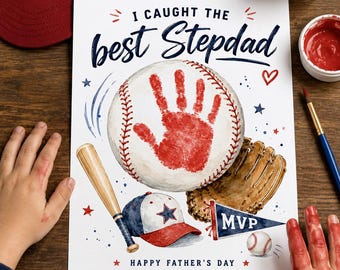 Huella de mano imprimible para el Día del Padre, regalo para padrastro aficionado al béisbol, regalo para papá, imprimible para el Día del Padre, descarga digital, manualidad para el Día del Padre