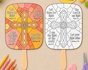 Manualidad de abanico de paletas Deja que tu luz brille / Actividad para colorear de la Escuela Bíblica de Verano sobre la Iluminación / Manualidad bíblica para la Escuela Dominical / Cruz de vitral imprimible