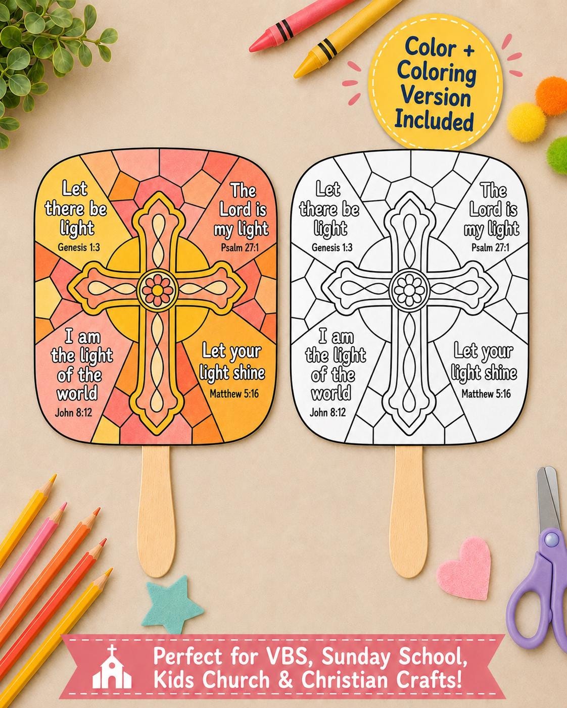 34 Stained Glass Crafts Kids Can Make 28 Let Your Light Shine Paddle Fan Craft Illumination VBS Coloring…