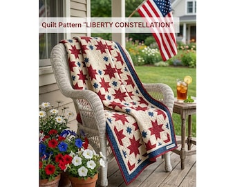 Americana Star Quilt Pattern, Patriotic Red White Blue, Sawtooth Flying Geese (PDF Download)