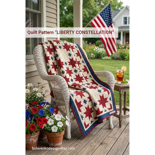 Americana Star Quilt Pattern, Patriotic Red White Blue, Sawtooth Flying Geese (PDF Download)