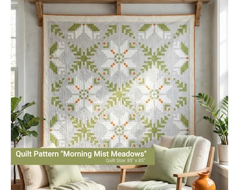 Morning Mist Meadows, Quilt Pattern Download, Modern Quilt PDF, Full, Geometric Floral Design