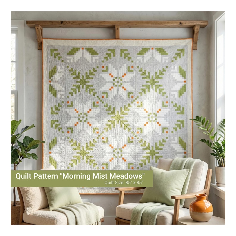 Modern "Morning Mist Meadows" wall quilt with a geometric star and snowflake motif. A fresh palette of olive green, white, and soft gray is punctuated by tiny pops of orange. Shown in a sun-drenched living room setting, this piece perfectly embodies the cozy Modern Farmhouse aesthetic. Finished size: 85 x 85 inches.