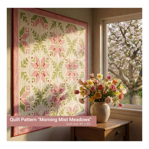 May include: A large quilt with a floral pattern in pink and green, framed by a pink border, hangs on a wall. The quilt is 85 x 85 inches. The text on the image reads "Quilt Pattern 'Morning Mist Meadows'".