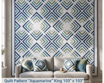 Aquamarijn quiltpatroon (PDF download) Kingsize 103x103 cm Modern geometrisch blokhutpatroon Gemiddeld niveau