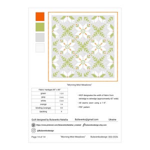May include: A quilt pattern titled "Morning Mist Meadows" with a repeating geometric design in white, green, and orange on a gray background. The pattern includes fabric yardage information and design details. The quilt measures 85" x 85".