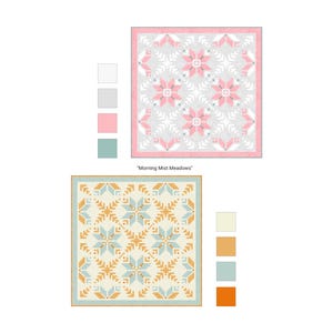 May include: Two square quilt patterns titled Morning Mist Meadows. The top quilt features pink, white, and gray star motifs with a pink border. The bottom quilt displays light blue, cream, and orange star patterns with a light blue border.