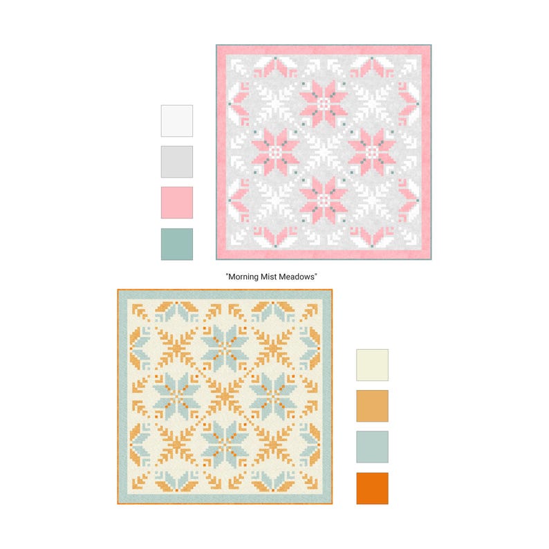 May include: Two square quilt patterns titled Morning Mist Meadows. The top quilt features pink, white, and gray star motifs with a pink border. The bottom quilt displays light blue, cream, and orange star patterns with a light blue border.
