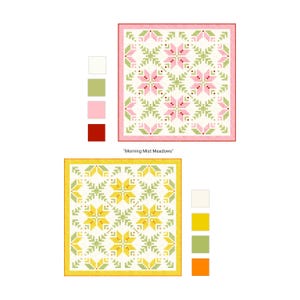May include: Two colorful quilt patterns, one pink and one yellow, with floral designs. The pink quilt has a white background with pink and green floral patterns and a pink border. The yellow quilt has a white background with yellow and green floral patterns and a yellow border.