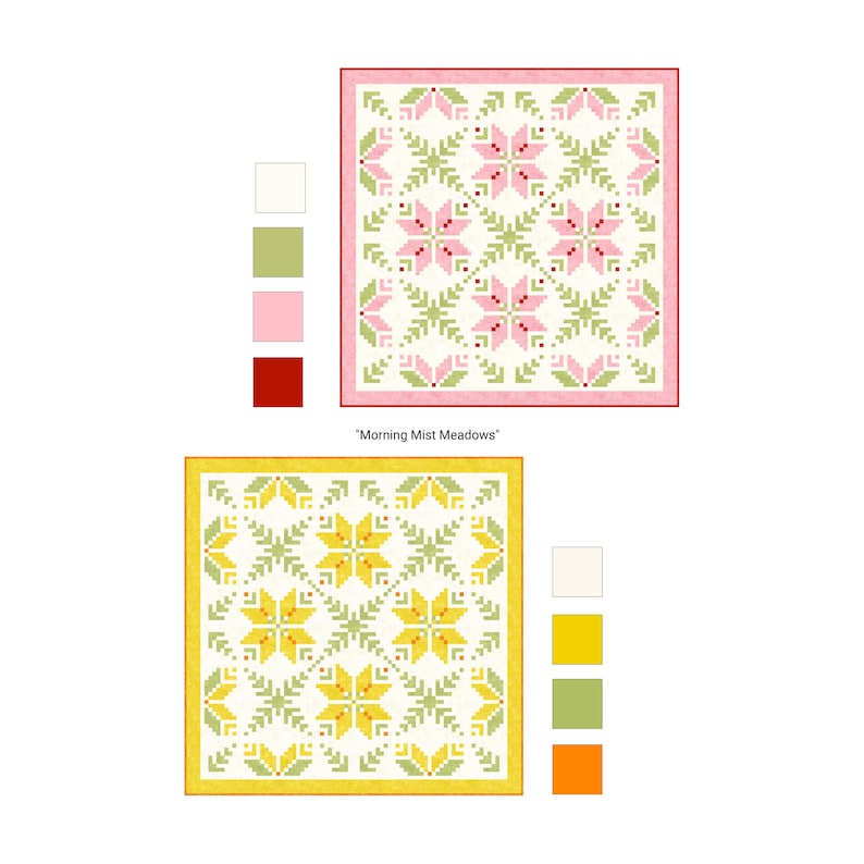 May include: Two colorful quilt patterns, one pink and one yellow, with floral designs. The pink quilt has a white background with pink and green floral patterns and a pink border. The yellow quilt has a white background with yellow and green floral patterns and a yellow border.