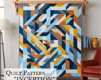 Inception Quiltpatroon PDF - Modern geometrisch patchworkontwerp, handleiding voor een grote quilt van 70 x 90 inch, direct te downloaden