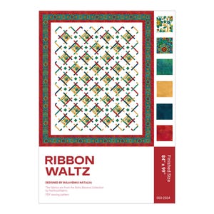 Puede incluir: Un patrón de edredón titulado "Ribbon Waltz" con un fondo blanco y un diseño geométrico repetitivo en verde, amarillo, rojo y azul marino. El edredón tiene un borde rojo con un patrón decorativo. Tamaño final: 213 cm x 251 cm.
