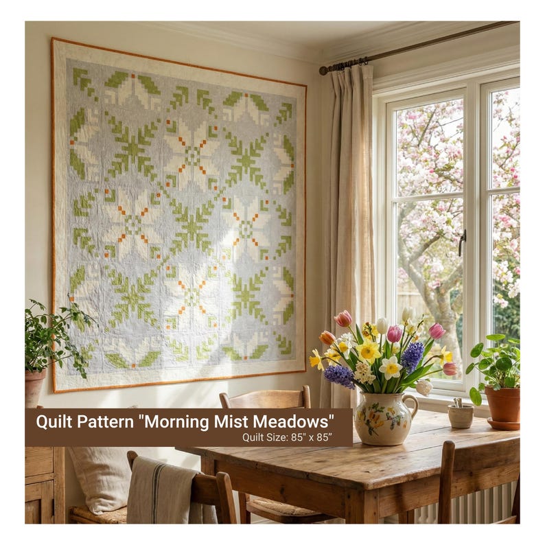 May include: A large, square quilt pattern titled "Morning Mist Meadows" is displayed on a wall. The quilt features a repeating floral design in shades of green, white, and orange on a light blue background. The quilt measures 85" x 85".