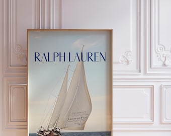 Ralph Lauren Inspired Sailing Poster, Vintage Nautical Yacht Print, Coastal Preppy Wall Art, Old Money Hamptons Decor, Digital Download