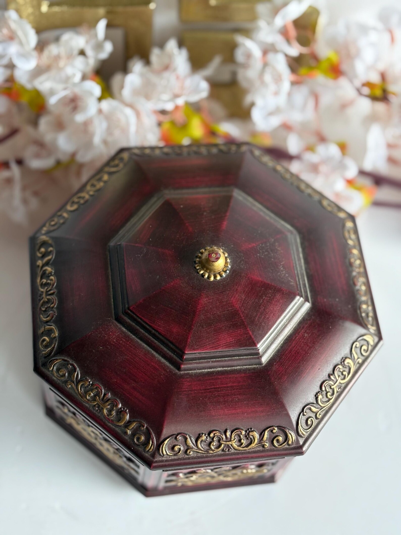 A Hexagonal Decorative Box With Faux Wood Finish and Ornate Trim - Etsy