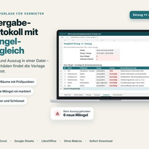 May include: A digital Excel template for landlords titled Übergabeprotokoll mit Mängelvergleich displayed on a laptop screen. The spreadsheet tracks move-in and move-out conditions, highlighting new damages in red text with a summary of 6 new defects.