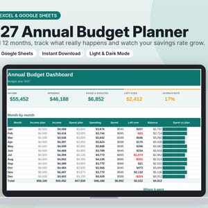Könnte beinhalten: Ein digitaler 2027 Jahresbudgetplaner für Excel und Google Sheets auf einem Laptop-Bildschirm. Das Dashboard enthält eine Überschrift Annual Budget Dashboard sowie Tabellen zur monatlichen Verfolgung von Einnahmen.