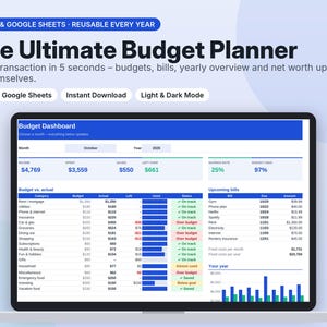 Könnte beinhalten: Eine digitale Budgetplaner-Oberfläche auf einem Laptop-Bildschirm. Das Dashboard zeigt blaue und weiße Bereiche mit Text, darunter The Ultimate Budget Planner, Excel & Google Sheets sowie Spalten für Einnahmen, Ausgaben und Rechnungen.