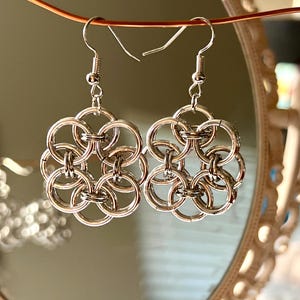 Celtic Flower Chainmaille Earrings | Silver | Handmade | Medieval | Renaissance