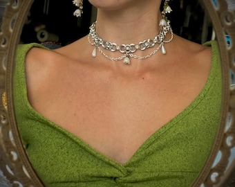 Lily of the Valley Chainmail Choker | Pearl Necklace | Cottagecore