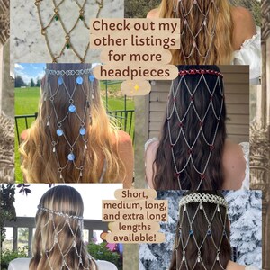 May include: A collection of six chain headpieces featuring various metal finishes and decorative accents including green, pink, blue, red, and clear crystals or discs. The text reads: Check out my other listings for more headpieces. Short, medium, long, and extra long lengths available!