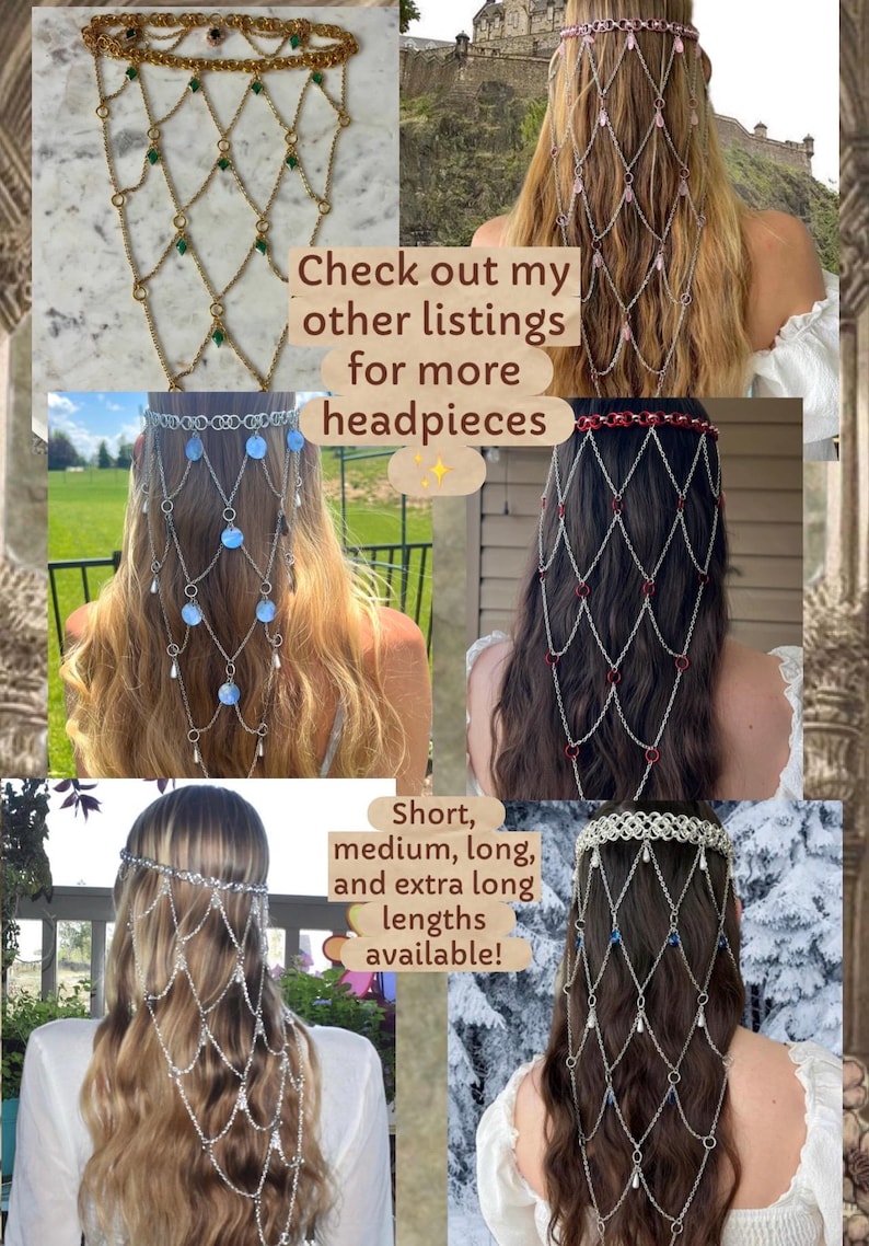 May include: A collection of six chain headpieces featuring various metal finishes and decorative accents including green, pink, blue, red, and clear crystals or discs. The text reads: Check out my other listings for more headpieces. Short, medium, long, and extra long lengths available!