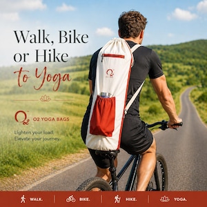 May include: A person cycles with a cream yoga bag with a red pocket and trim. The bag has a drawstring closure and a zipped pocket. Text on the bag reads "O2 YOGA BAGS". The image also includes the text "Walk, Bike or Hike to Yoga."