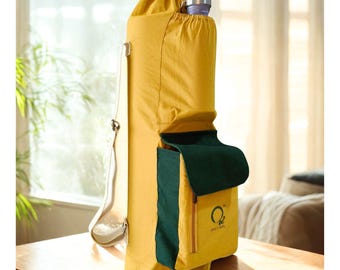 Premium Yoga Mat Bag Yellow Mellow Cotton Canvas Block style with adjustable double straps & a yoga block pocket