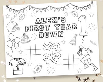 Football Coloring Page, First Year Down Birthday Activity, Birthday Color Placemat, First Year Down Birthday Decoration Custom Coloring Page