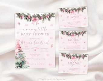 May include: A baby shower invitation suite with a winter theme. The main invitation features text that reads "a merry little BABY SHOWER" and "Monica Sandoval". The design includes a Christmas tree and festive greenery with pink bows.