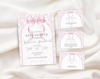 Roze strik baby shower uitnodiging bundel toile de jouy baby shower uitnodiging roze chinoiserie baby shower uitnodigen elegante coquette babyshower