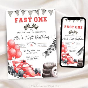 May include: A birthday invitation with a race car theme. The invitation features a red race car, checkered flags, and the text "FAST ONE." A smartphone displays the same design. Red balloons and tire tracks add to the racing theme.