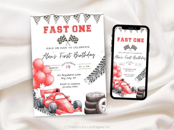 Fast One Racing Car First Birthday Invitation, Race on Over Invite, Fast One Birthday, Race Car Invite, Editable Boys First Bday Invite