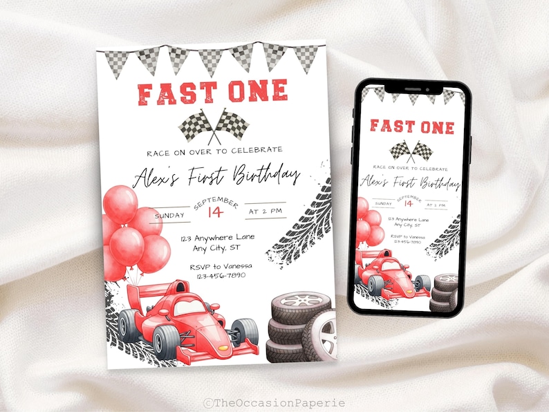 May include: A birthday invitation with a race car theme. The invitation features a red race car, checkered flags, and the text "FAST ONE." A smartphone displays the same design. Red balloons and tire tracks add to the racing theme.