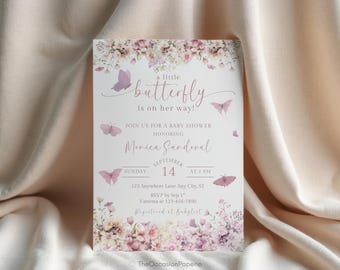 Little Butterfly Baby Shower Invitation, Floral Butterfly Invite, Butterfly Baby Shower Invites, A Little Butterfly Is On The Way