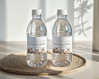Woodland label waterfles babyshower, Woodland decoratie babyshower, laat het avontuur beginnen, label gebotteld water, aangepaste waterfles